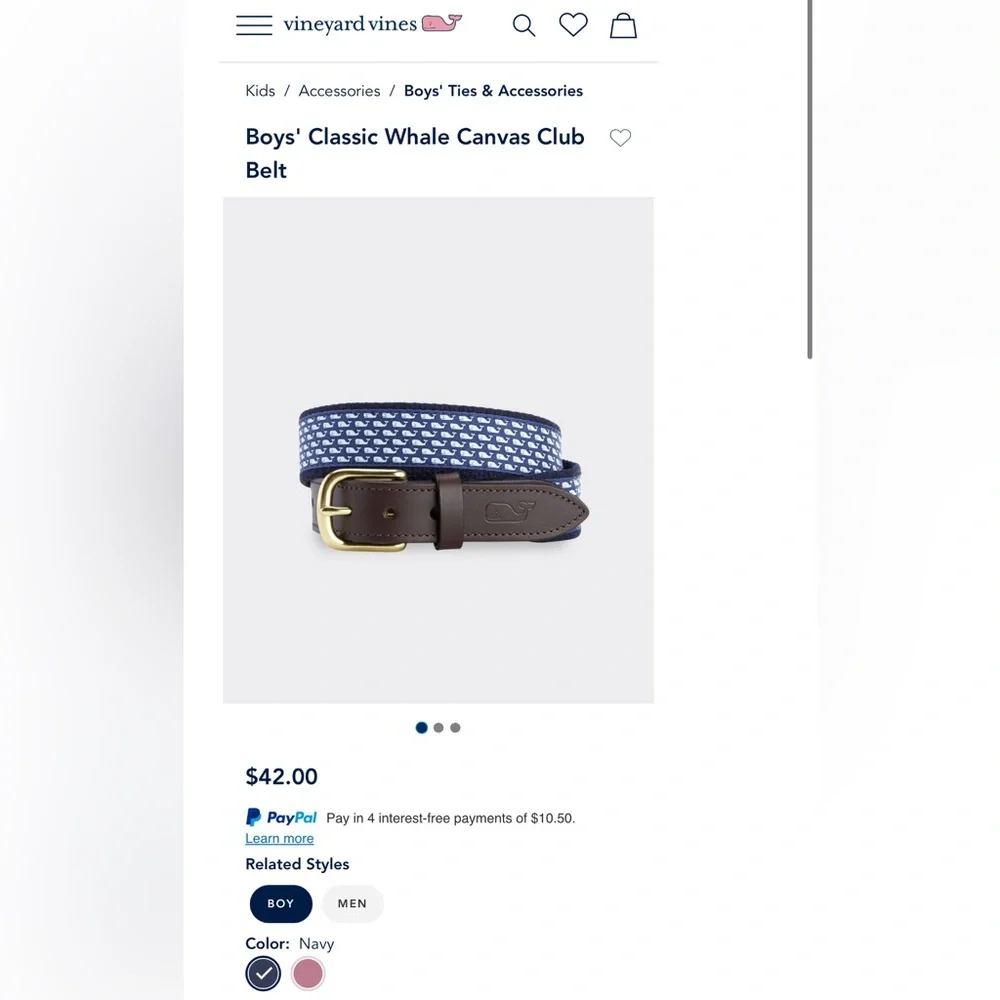 Vineyard Vines Boys Navy Whale Print Belt with Brown Leather & Gold Buckle NWOT